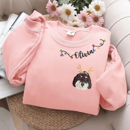 PetFiestas® Custom Pet Embroidery with Name & Mistletoe Neckline – Sweatshirt, Hoodie, T-Shirt