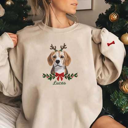 Custom Pet Embroidered Christmas Sweatshirt, Personalized Dog or Cat Portrait Crewneck