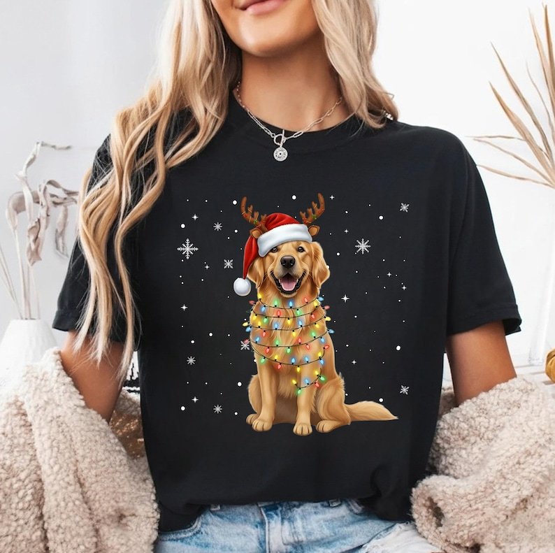 Custom Dog Christmas Shirt with Reindeer Antlers, Santa Hat & Lights