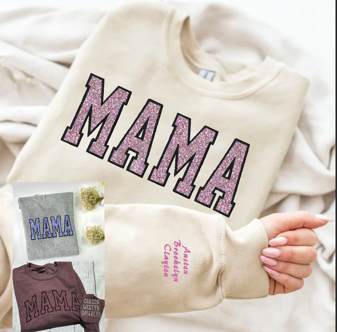 Custom Embroidered Applique Glitter Mama Sweatshirt - Gift for Mom