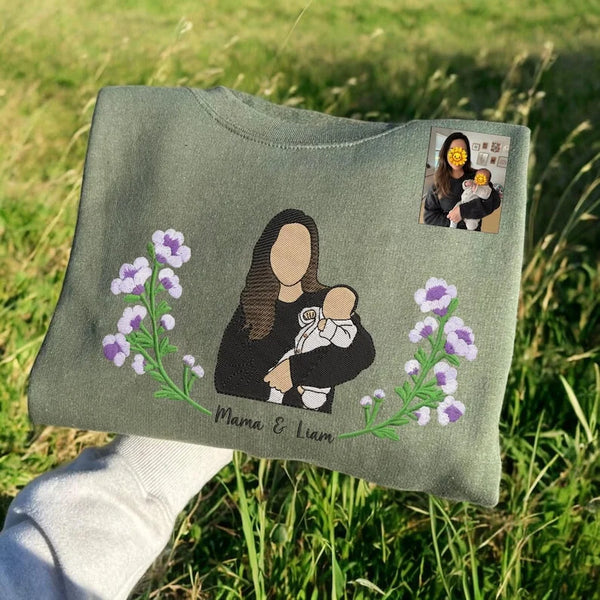 Blooming With Love – Custom Embroidered Birthday Flower Portrait from Photo Sweatshirt Hoodie, Perfect Gift for Mom, Dad & Family