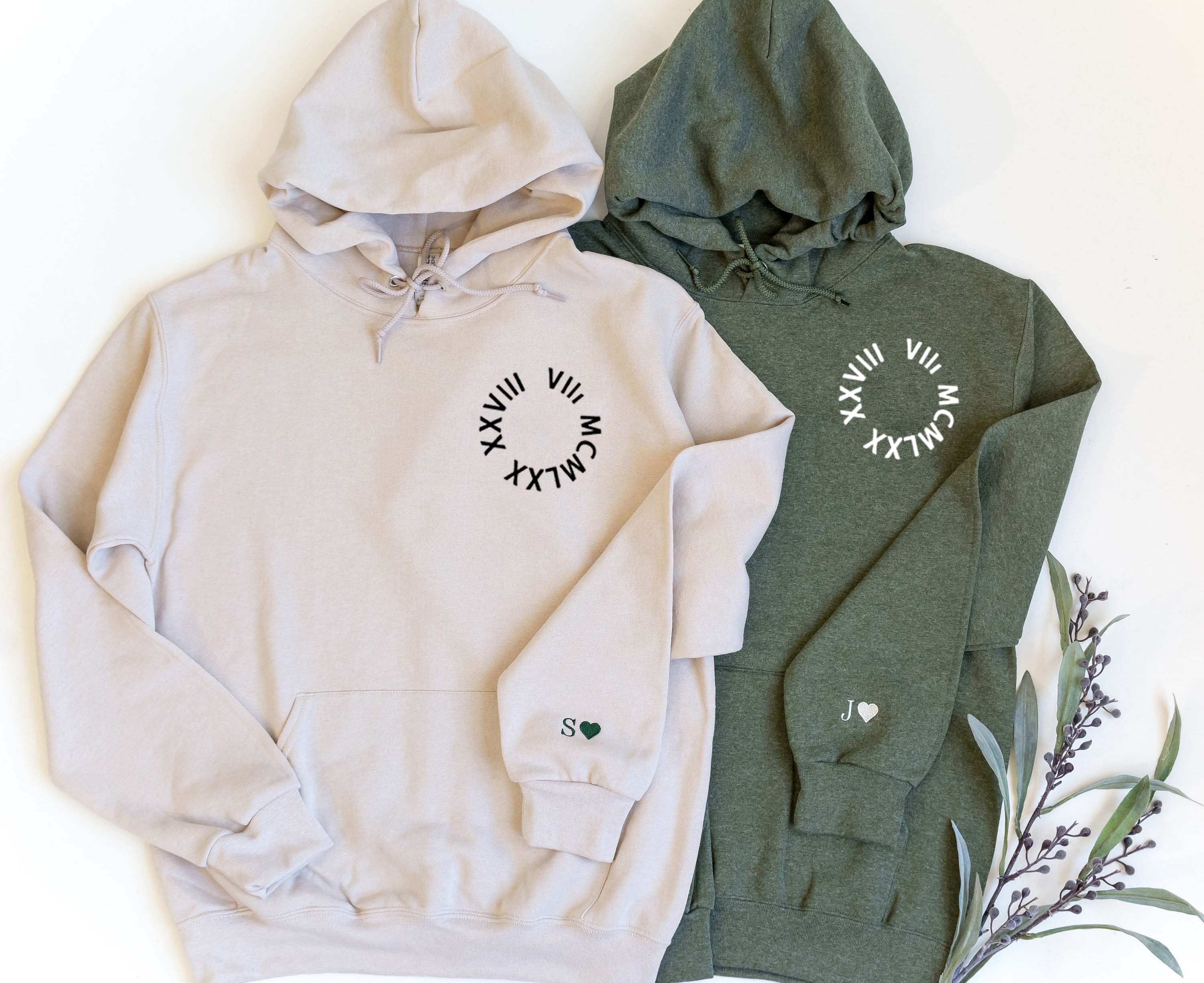 (Round) Custom Embroidered Roman Numeral Date Couple's Crewneck