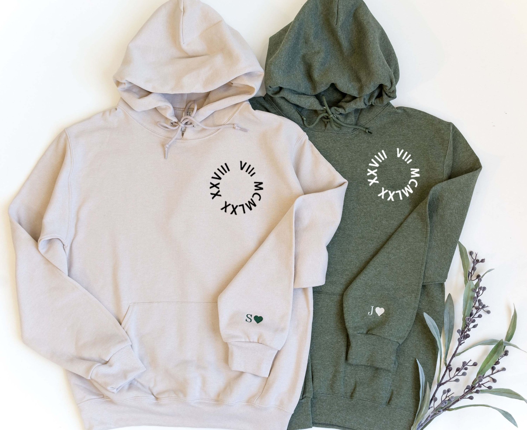 (Round) Custom Embroidered Roman Numeral Date Couple's Crewneck