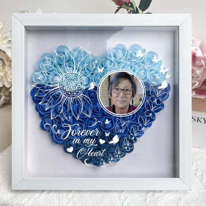 Personalized Flower Shadow Box, Sunflower Forever In My Heart Custom Photo Flower Shadow Box