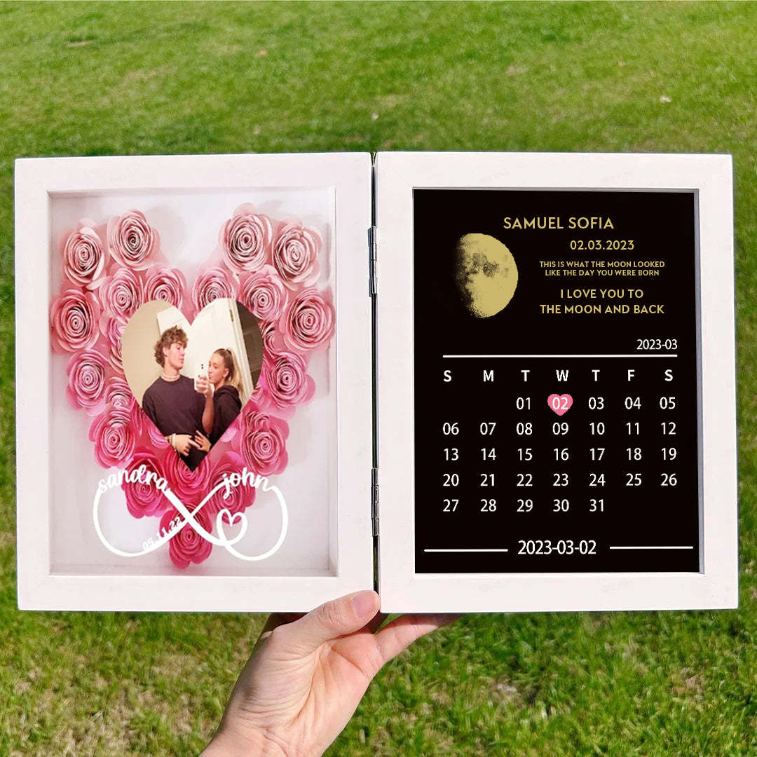 (Infinity Sign With Names) Custom Flowers Frame with REAL MOON PHASE Anniversary Calendar-ilovevango