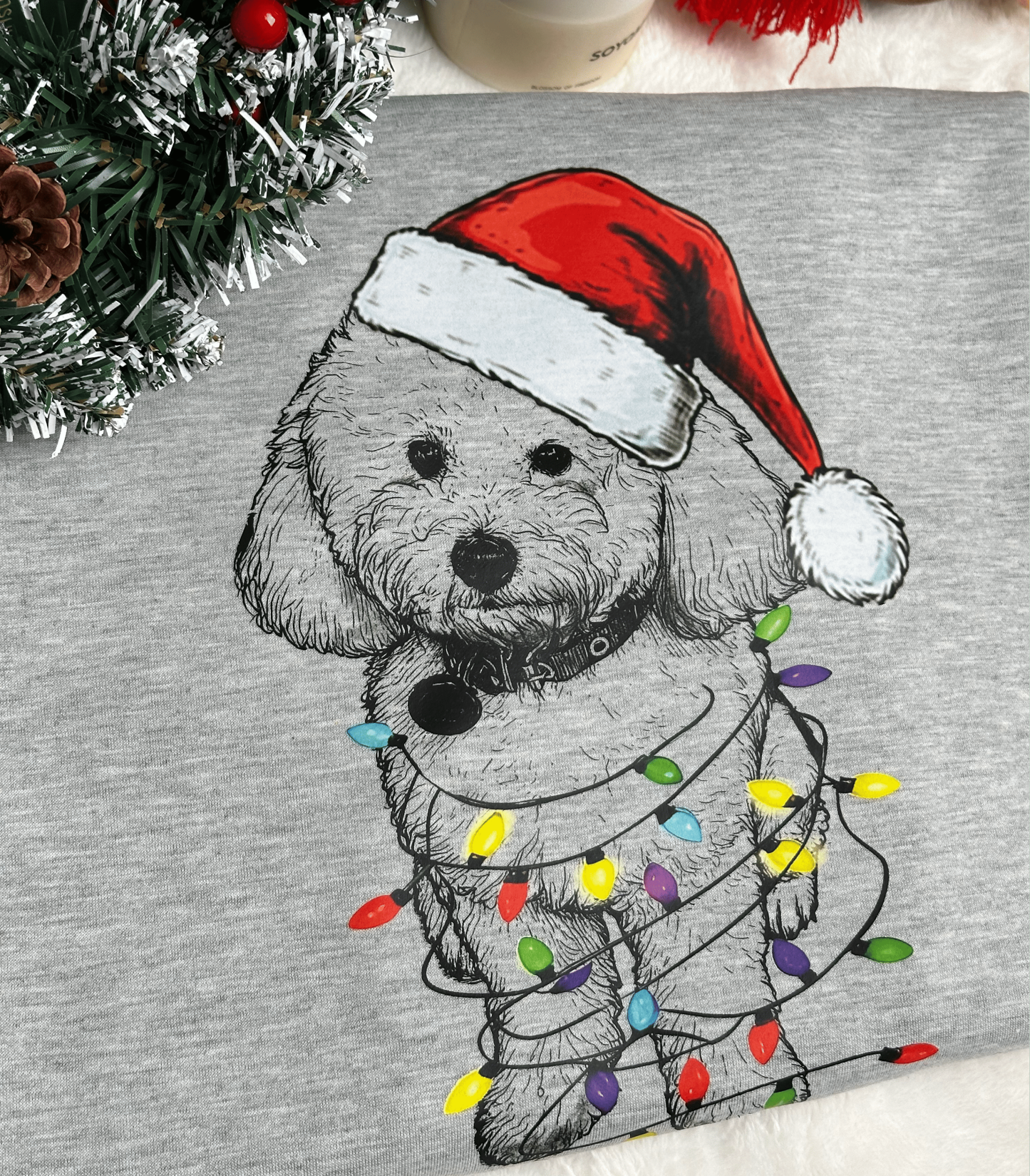 Custom Pet Christmas Crewneck with Santa Hat & Lights, Custom Dog Cat Graphic Tee
