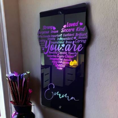 Personalized Heart Affirmation Mirror Light Sign, Customized Name LED Light