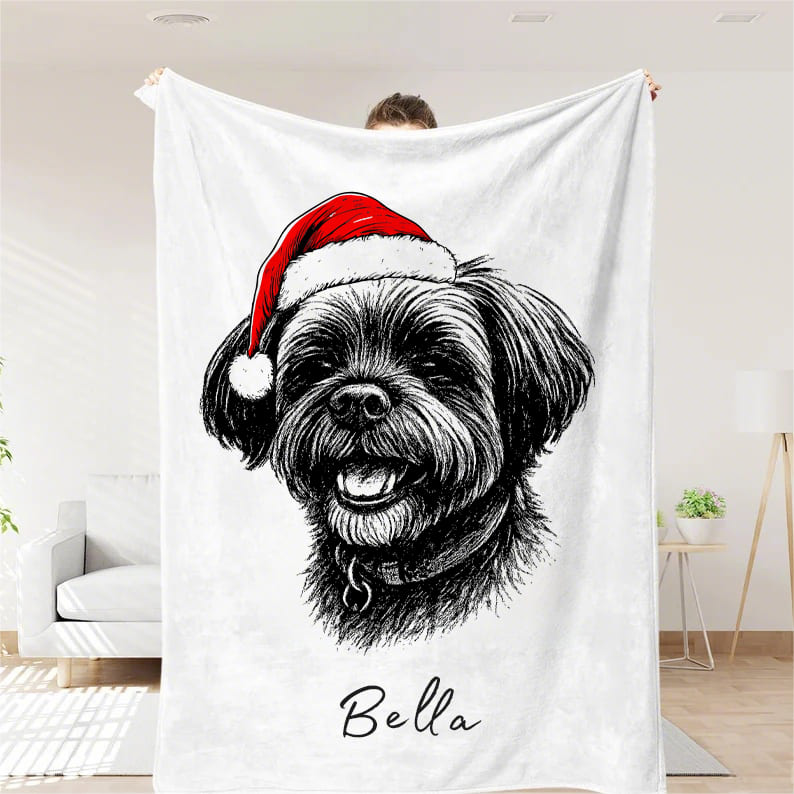 Custom Pet Christmas Blanket - Personalized Dog/Cat Santa Hat Blanket