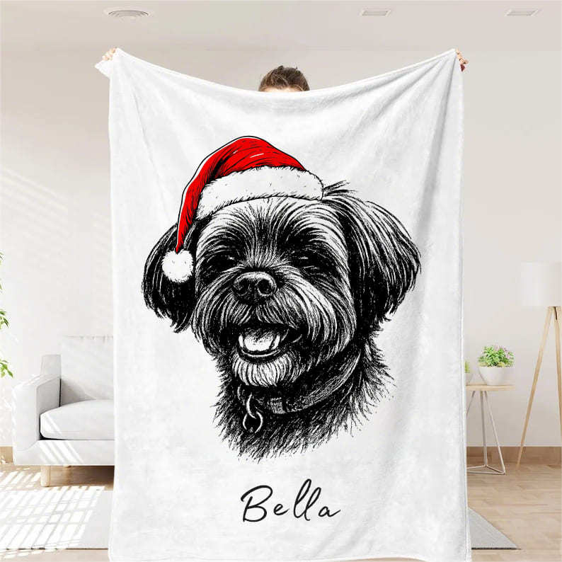 Custom Pet Christmas Blanket - Personalized Dog/Cat Santa Hat Blanket