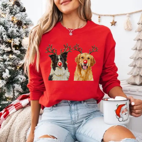 Custom Christmas Dog Photo Sweatshirt, Funny Dog Reindeer Sweatshirt
