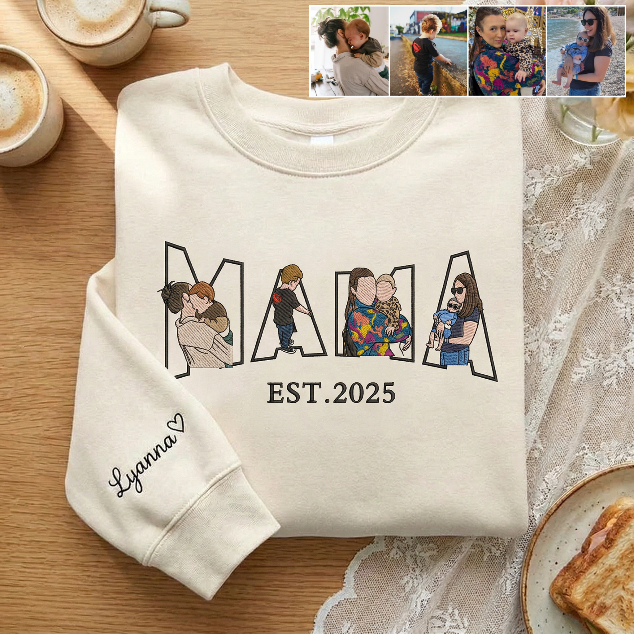 Pamaviva Embroidered Mama Sweatshirt with Multiple Portraits Custom Mama and Child Embroidery for Mother's Day Gift