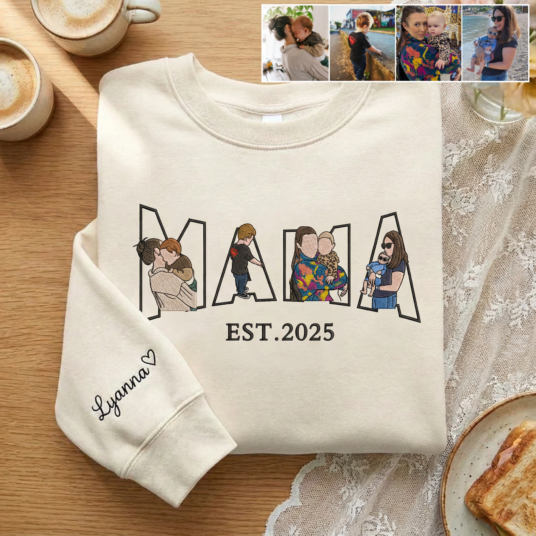 Pamaviva Embroidered Mama Sweatshirt with Multiple Portraits Custom Mama and Child Embroidery for Mother's Day Gift
