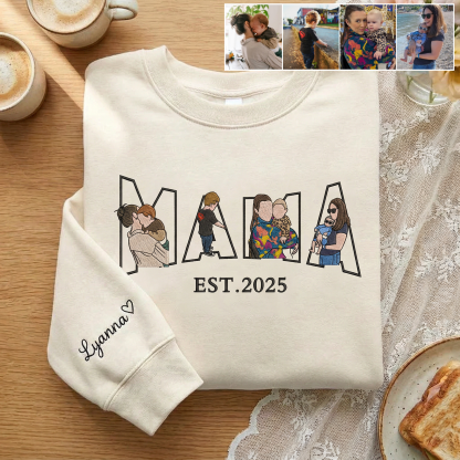 Pamaviva Embroidered Mama Sweatshirt with Multiple Portraits Custom Mama and Child Embroidery for Mother's Day Gift