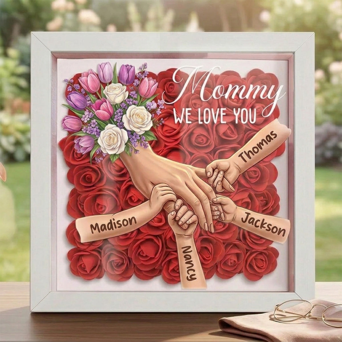 ForlovergiftTM Tulips & White Roses Personalized Mom Holding Hands Shadow Box – Custom Name Remembrance Frame, Mother’s Day In Loving Memory Gift