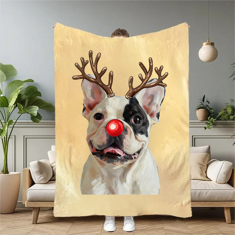 PetFiestas® Custom Pet Christmas Blanket - Personalized Dog/Cat Funny Reindeer Design Blanket