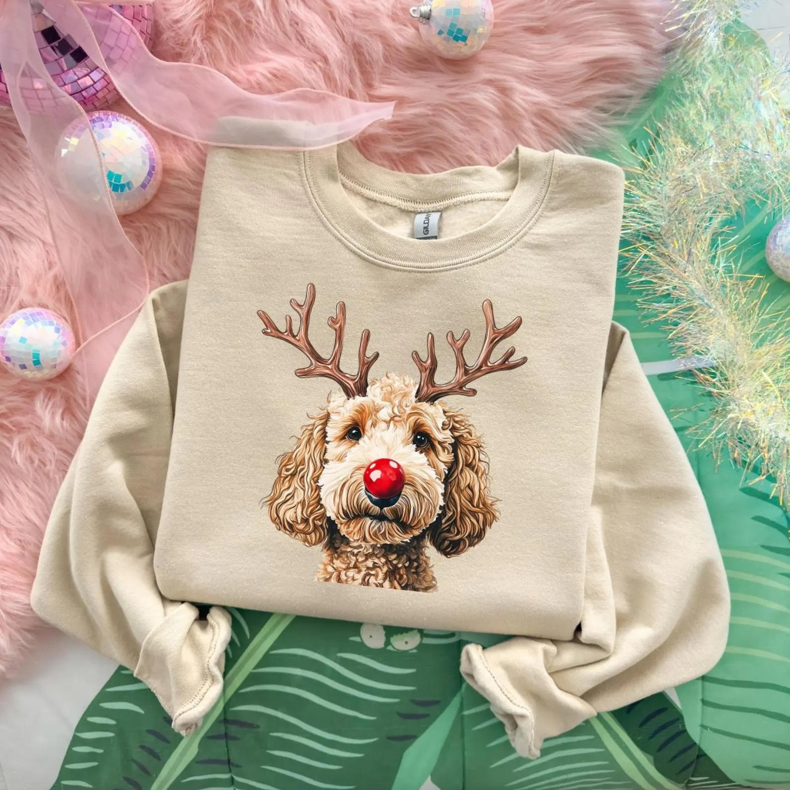Custom Christmas Dog Photo Sweatshirt, Funny Dog Reindeer Sweatshirt