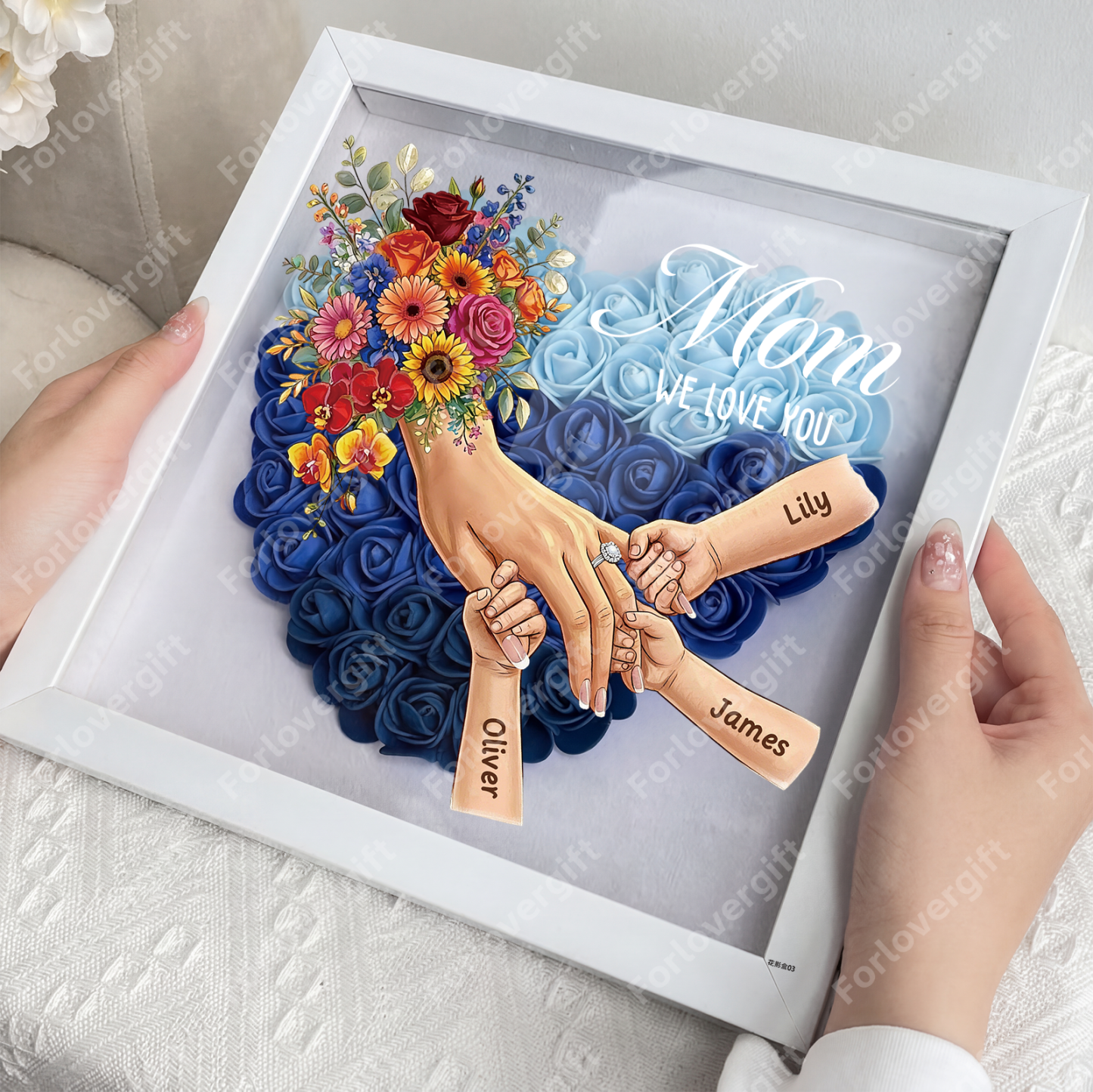 Personalized Mommy Holding Hands Shadow Box with Ring & Manicure – Custom Kids Names Floral Heart Frame, Premium Mother’s Day Gift