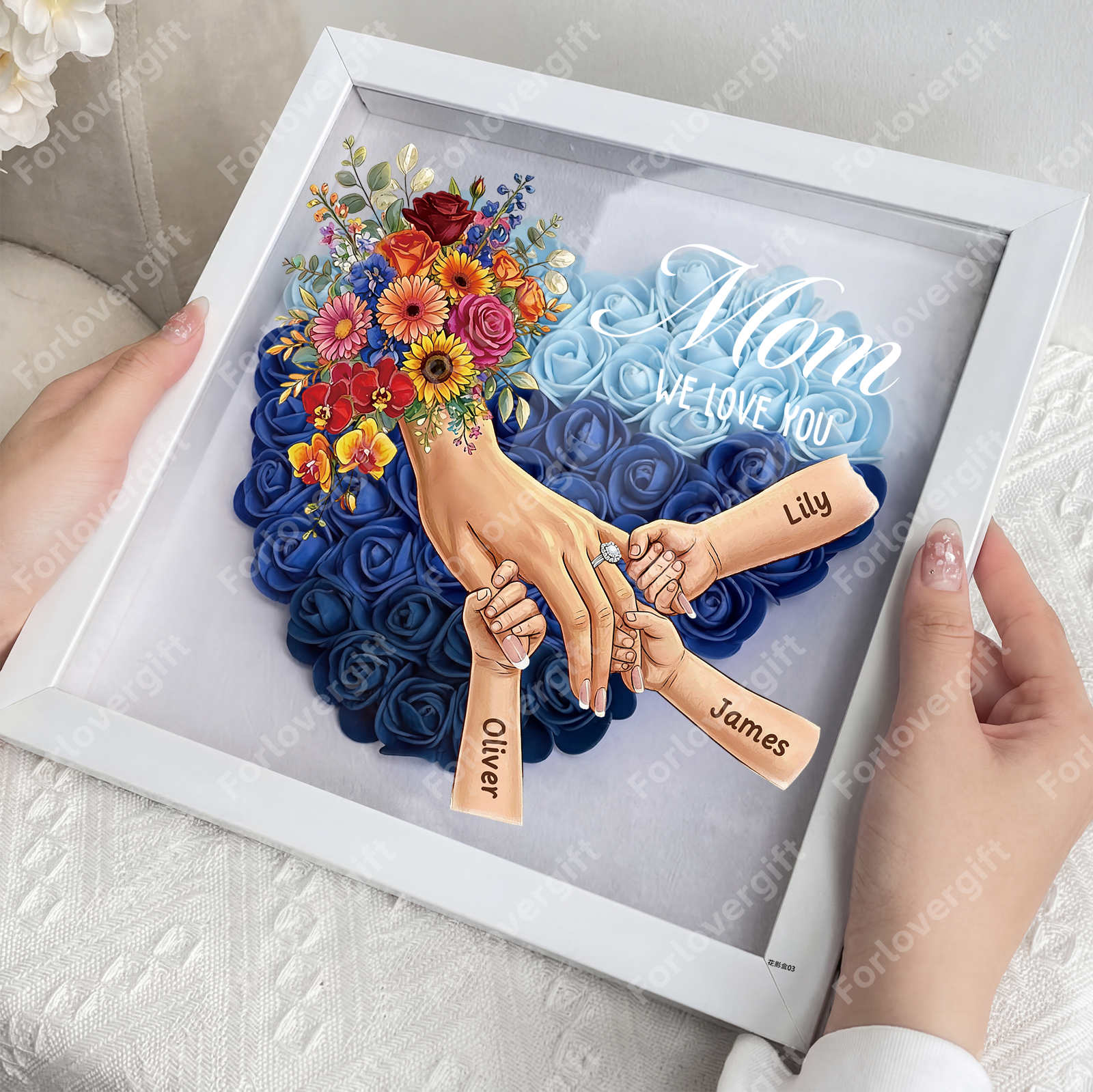 Personalized Mommy Holding Hands Shadow Box with Ring & Manicure – Custom Kids Names Floral Heart Frame, Premium Mother’s Day Gift