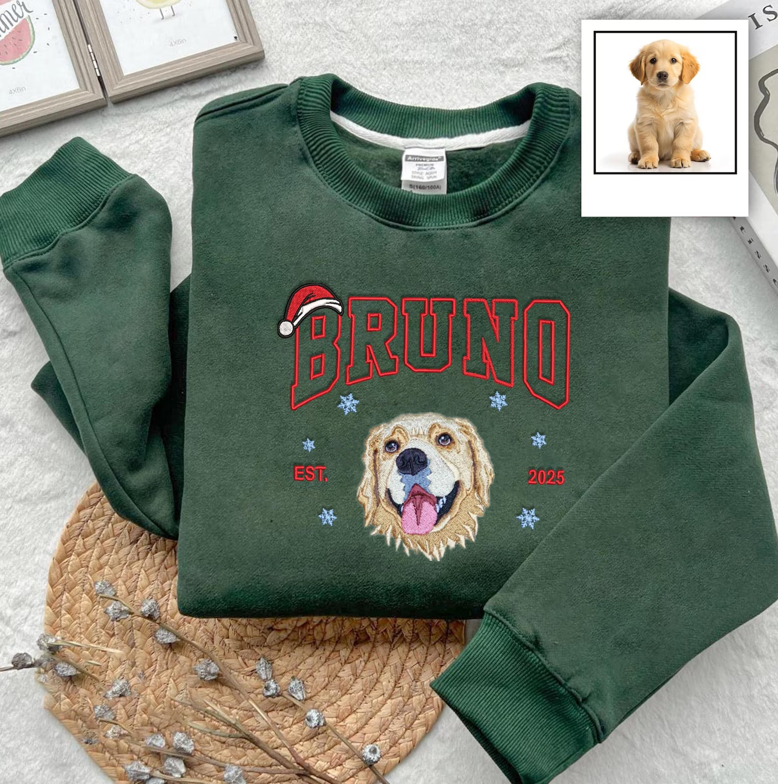 Custom Dog Cat Portrait Embroidered Christmas Sweatshirt