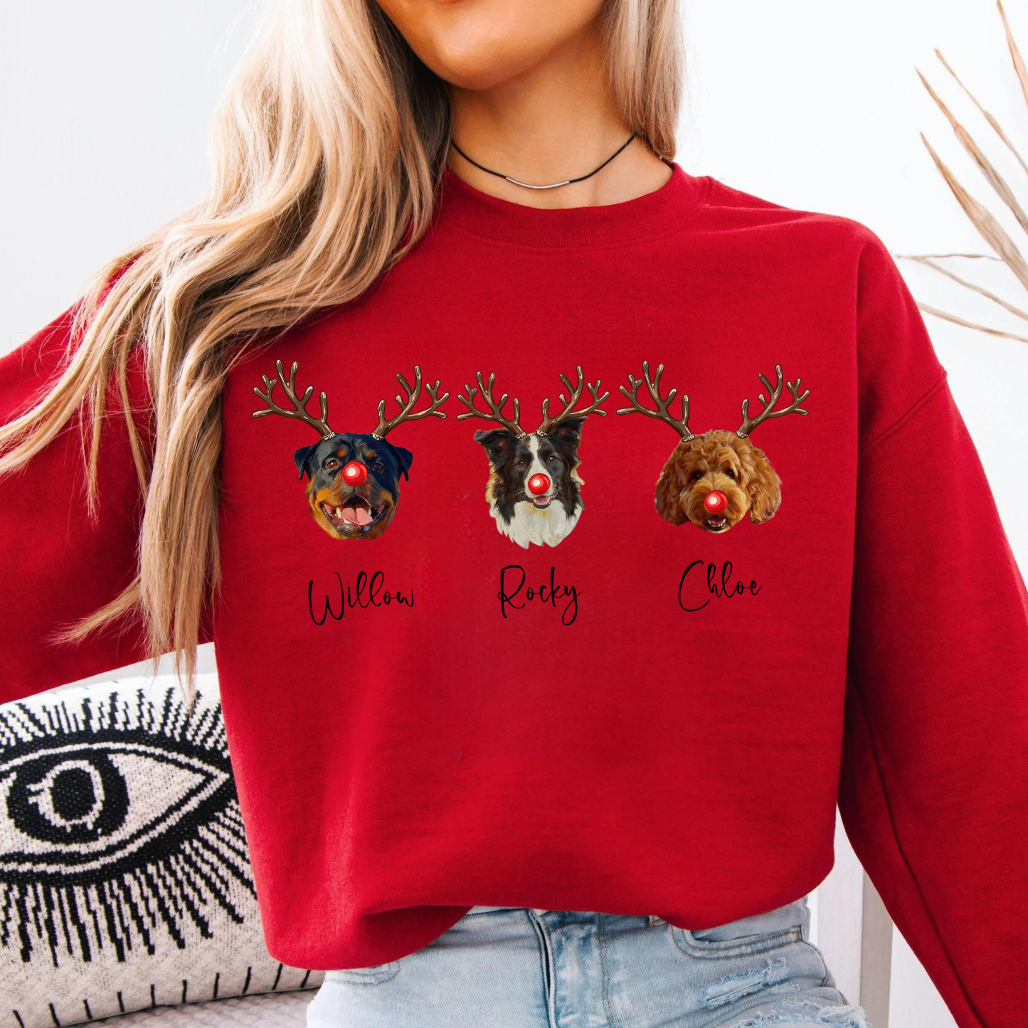 PetFiestas® Custom Multiple Pets Photo Christmas Sweatshirt, Funny Dog Reindeer Sweatshirt