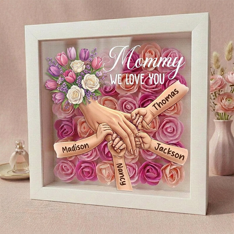 ForlovergiftTM Tulips & White Roses Personalized Mom Holding Hands Shadow Box – Custom Name Remembrance Frame, Mother’s Day In Loving Memory Gift