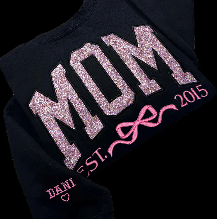 Personalized Mom Glitter Embroidered T-shirt &Sweatshirt With Bow Est Year