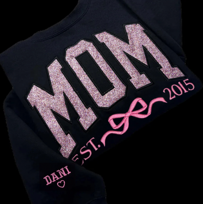 Personalized Mom Glitter Embroidered T-shirt &Sweatshirt With Bow Est Year