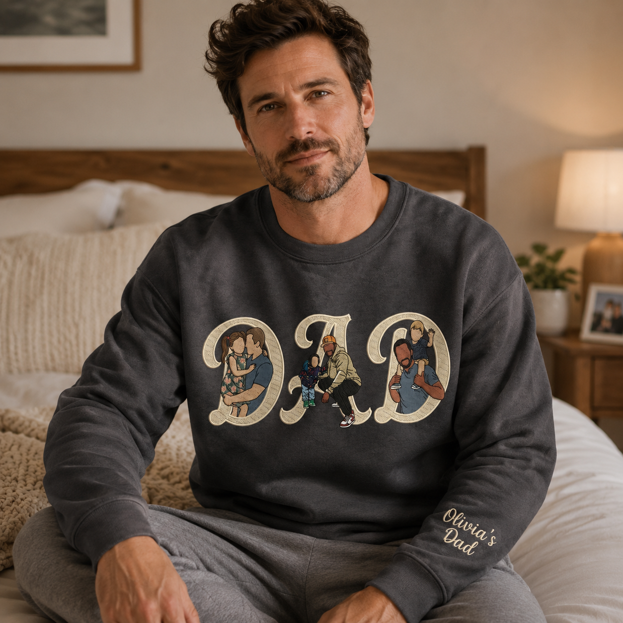 Personalized Photo Portrait Chunky Vintage Script Embroidery Sweatshirt T-shirt Father's Day Gift