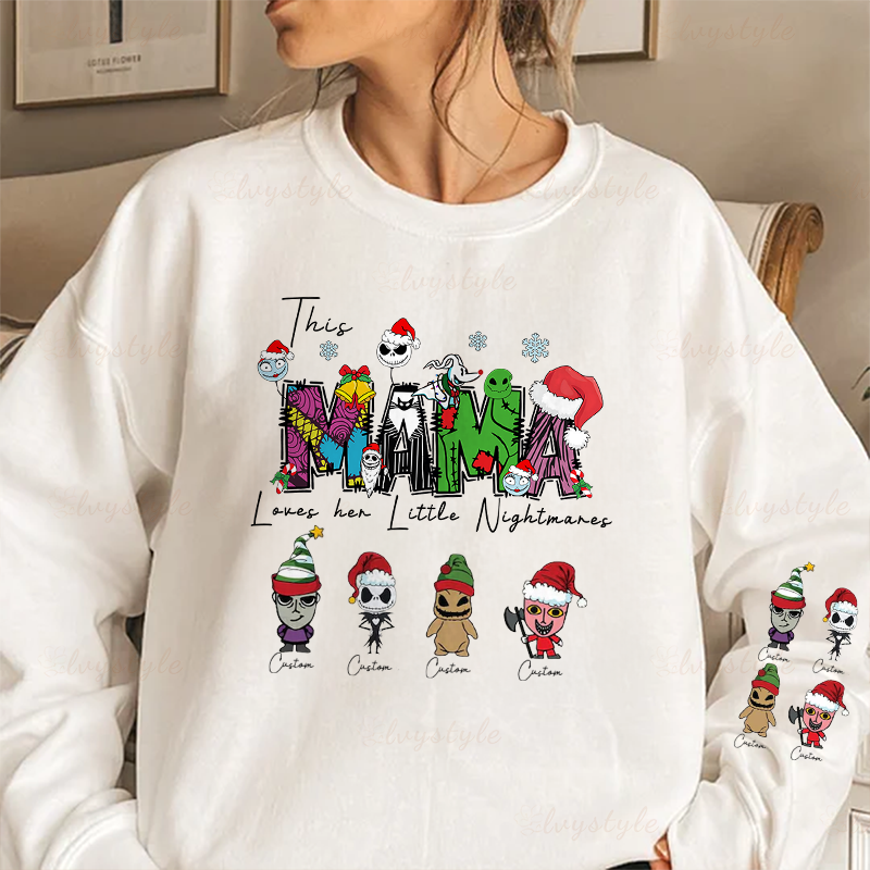 Personalized This Mom Loves Her Little Nightmares Sweatshirt, Custom Nightmare Christmas Mom Shirt With Kids Name, Christmas Family Gift