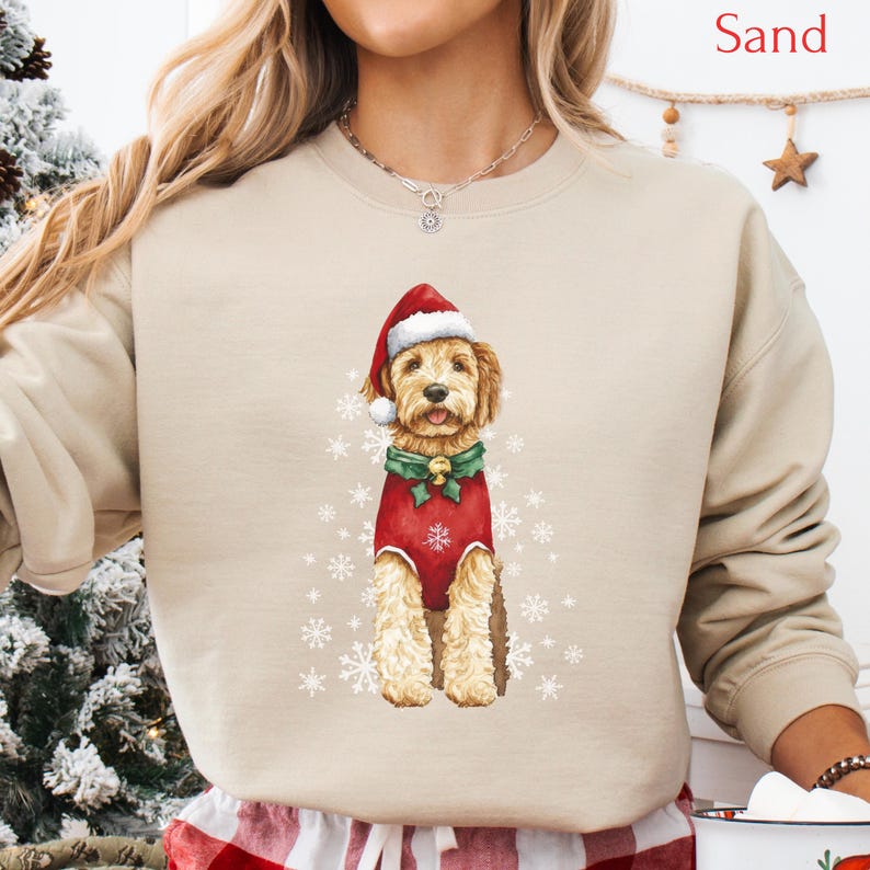 Custom Dog Christmas Sweatshirt with Golden/White Snowflakes Design