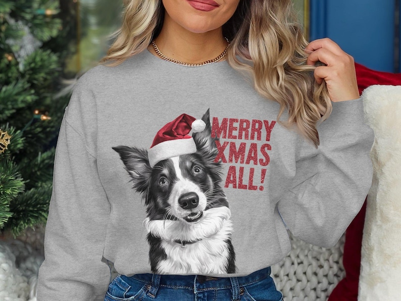 Custom Dog Face With Santa Hat Custom Glitter Text Christmas Sweatshirt Hoodie T-shirt