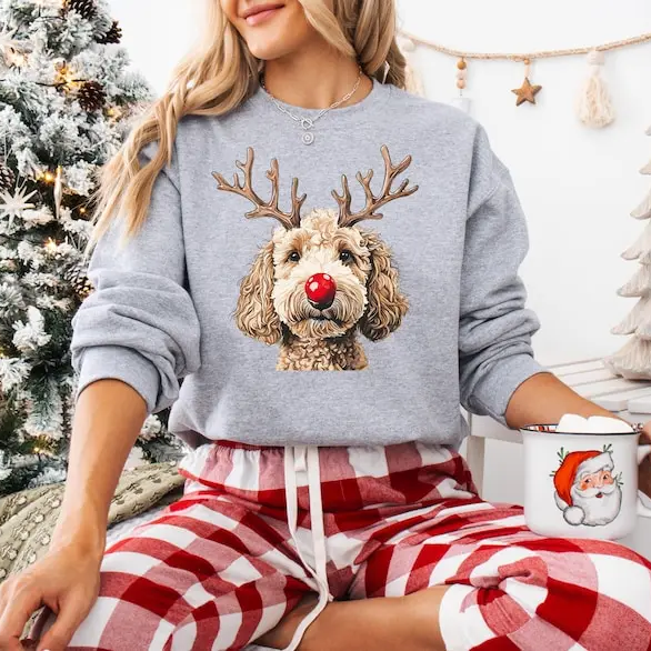 Custom Christmas Dog Photo Sweatshirt, Funny Dog Reindeer Sweatshirt