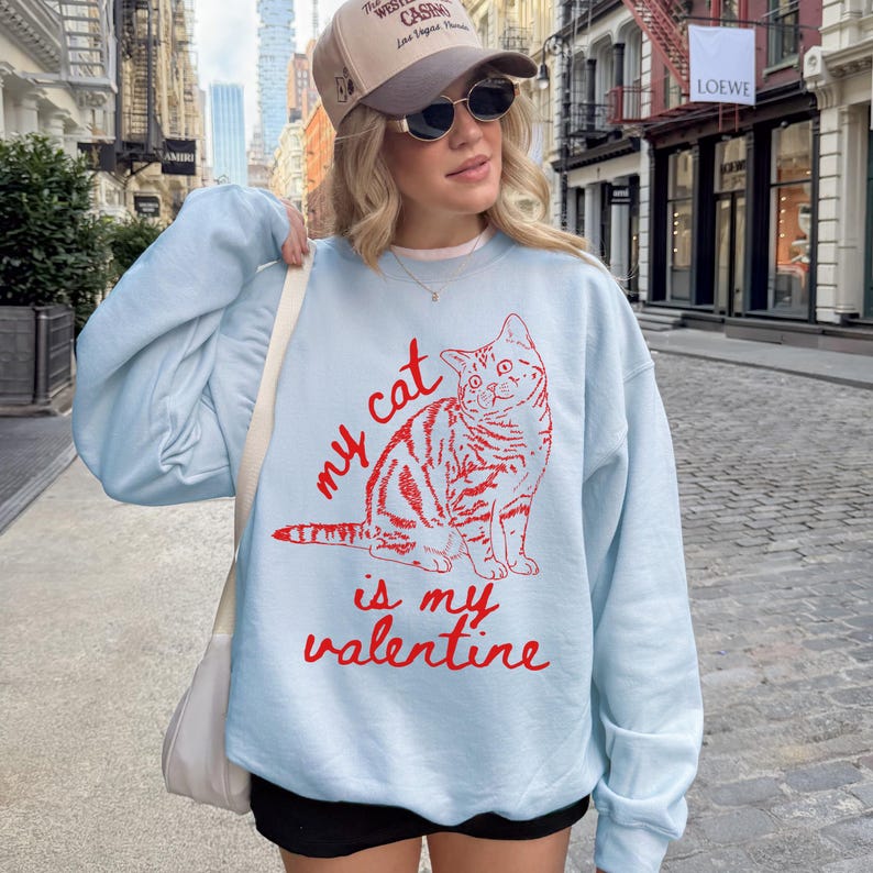 My Cat Is My Valentine Sweatshirt, Custom Cat Photo Line Art Retro Valentines Day Shirt