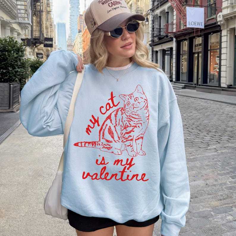 My Cat Is My Valentine Sweatshirt, Custom Cat Photo Line Art Retro Valentines Day Shirt