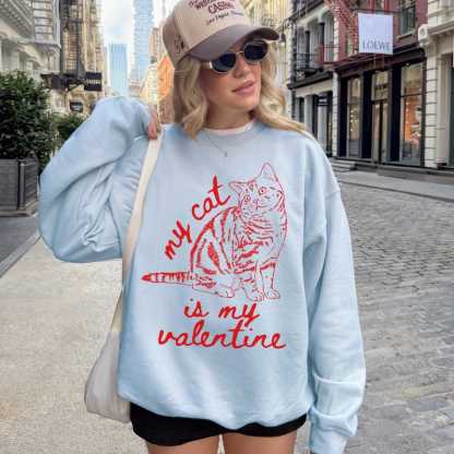 My Cat Is My Valentine Sweatshirt, Custom Cat Photo Line Art Retro Valentines Day Shirt