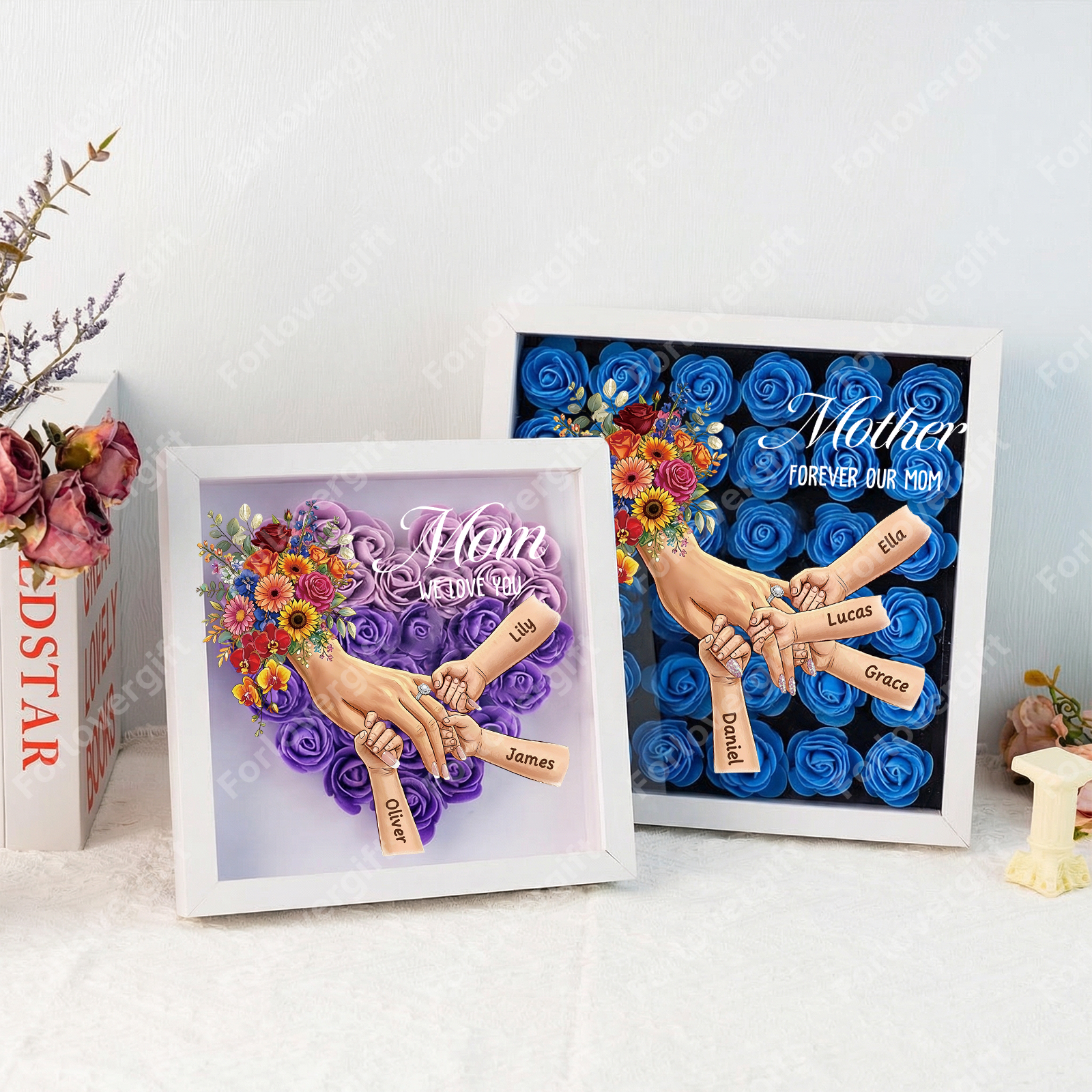 Personalized Mommy Holding Hands Shadow Box with Ring & Manicure – Custom Kids Names Floral Heart Frame, Premium Mother’s Day Gift