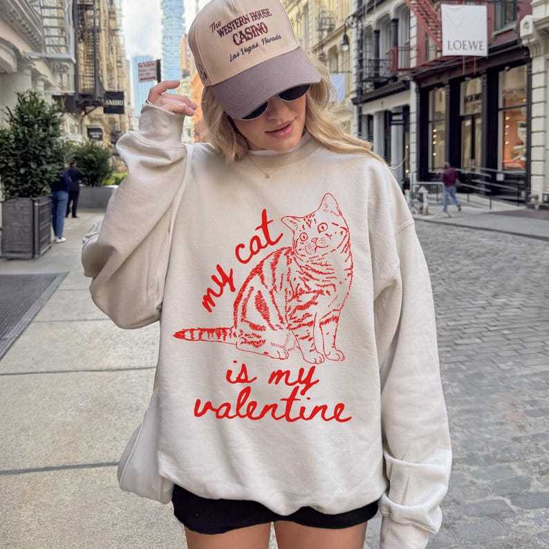 My Cat Is My Valentine Sweatshirt, Custom Cat Photo Line Art Retro Valentines Day Shirt