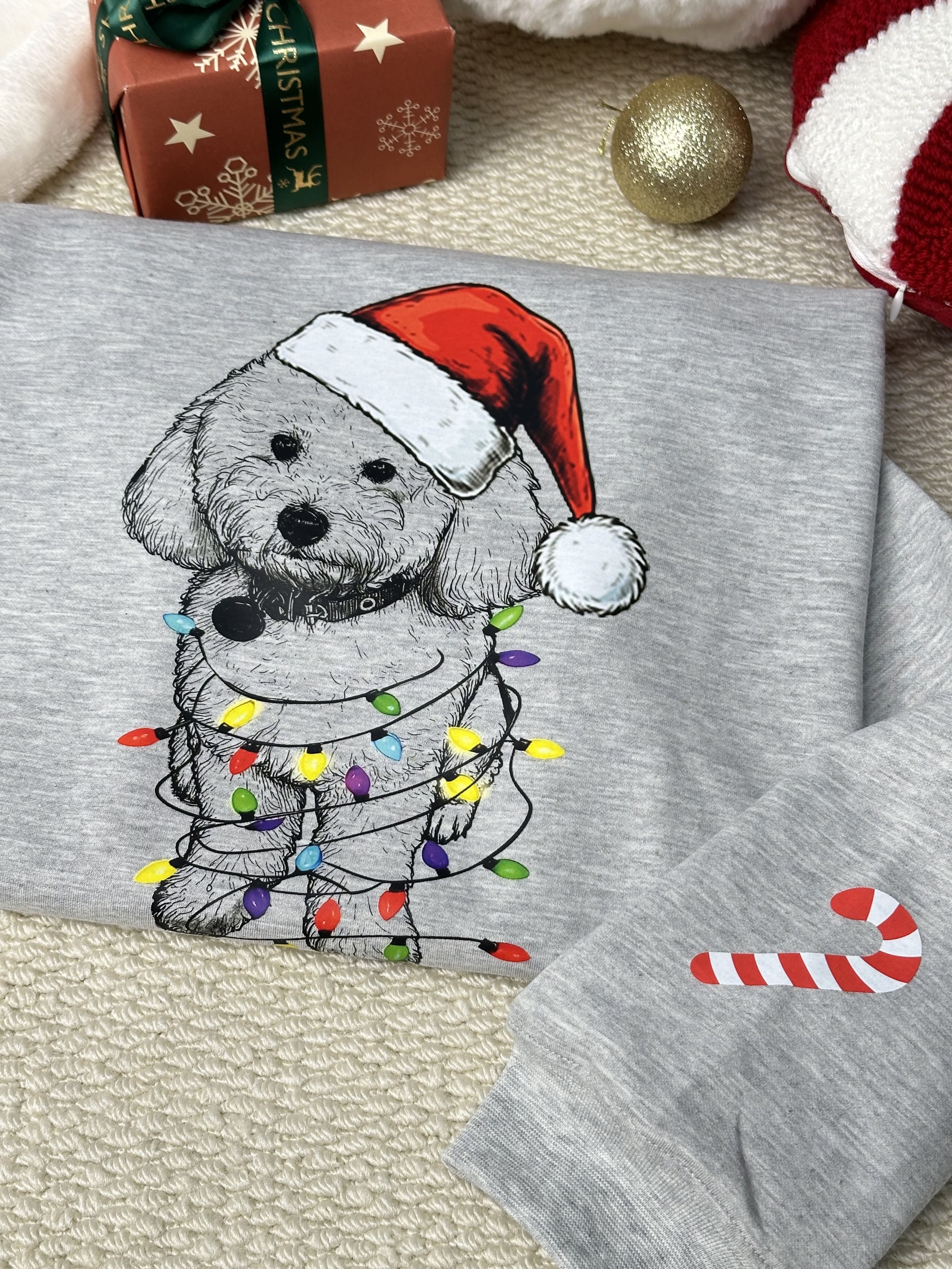 Custom Pet Christmas Crewneck with Santa Hat & Lights, Custom Dog Cat Graphic Tee