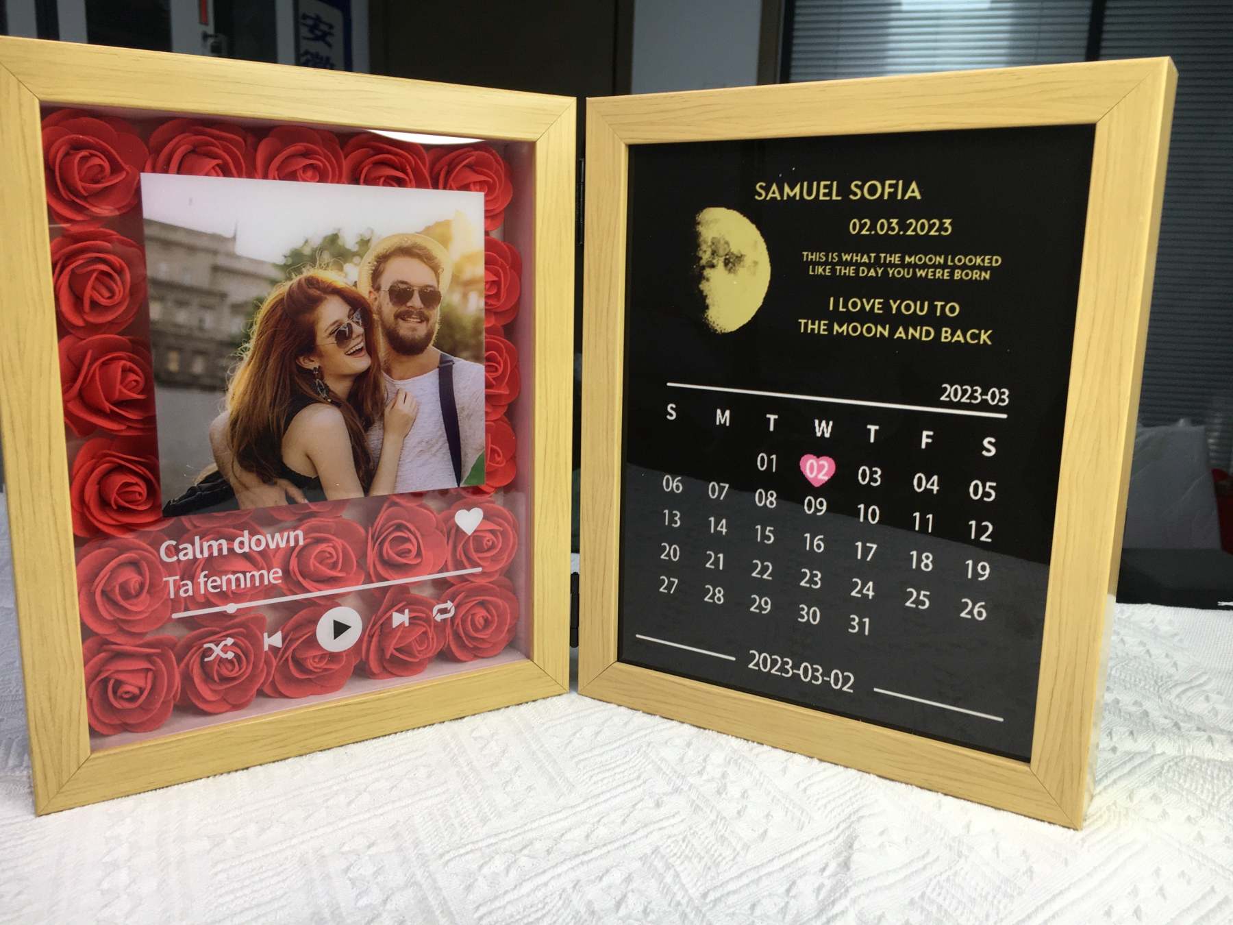 (Square With Song) Custom Flowers Frame with REAL MOON PHASE Anniversary Calendar