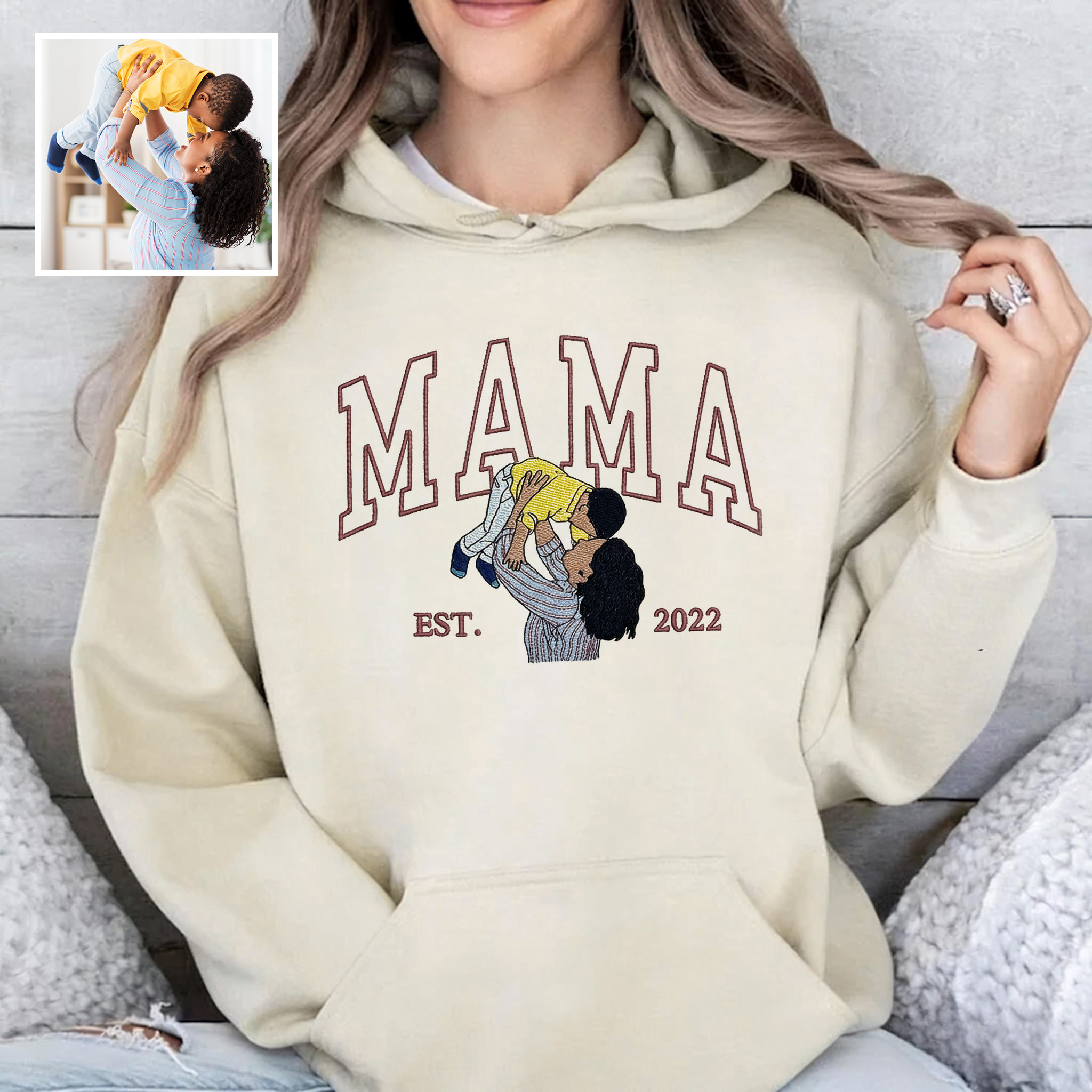 Mama Sweatshirt with Photo, Custom Embroidered Crewneck Mama and Kids Portrait, Mother's Day Gifts, Best Gift for Mom