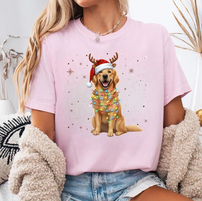 Custom Dog Christmas Shirt with Reindeer Antlers, Santa Hat & Lights