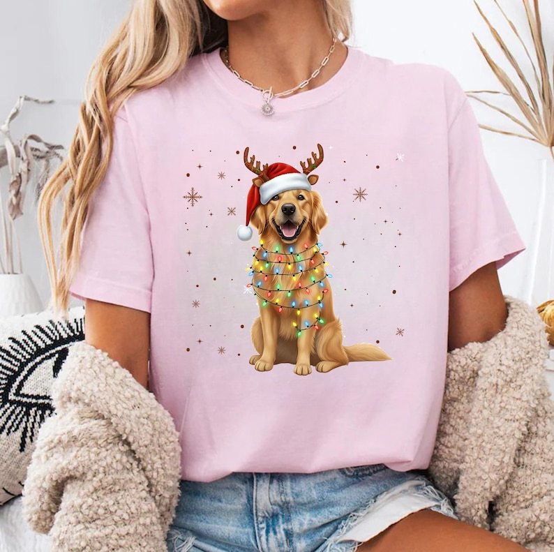 Custom Dog Christmas Shirt with Reindeer Antlers, Santa Hat & Lights