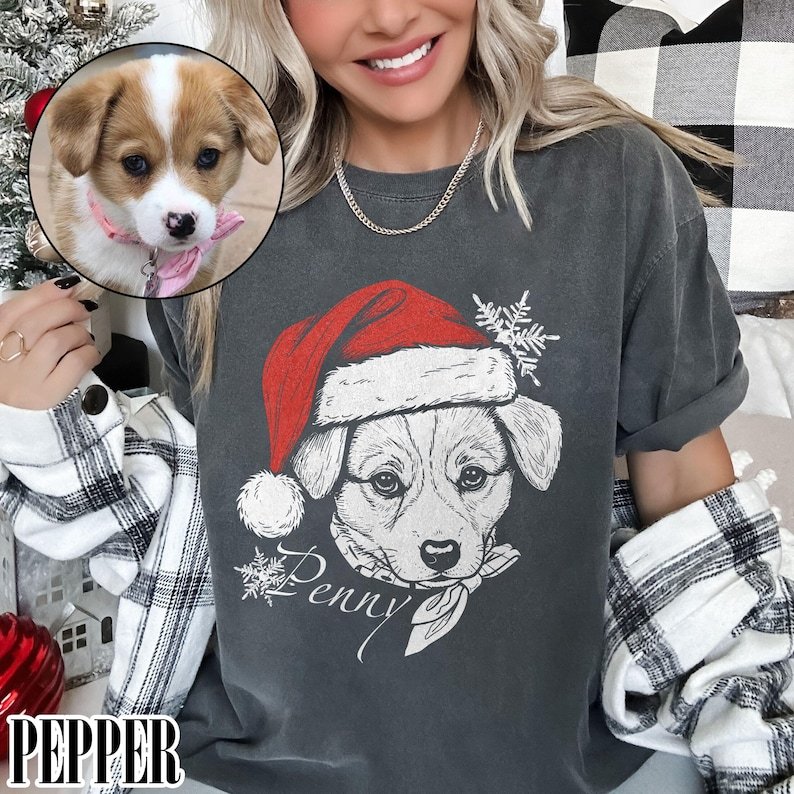 Vintage Custom Santa Paws Christmas Dog Santa Hat Graphic Crewneck T-shirt