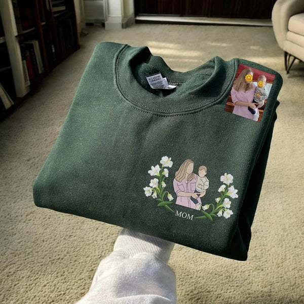 Blooming With Love – Custom Embroidered Birthday Flower Portrait from Photo Sweatshirt Hoodie, Perfect Gift for Mom, Dad & Family