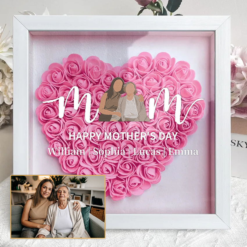 Mom Heart Outline Photo Shaped Monogram Flower Shadow Box Gift