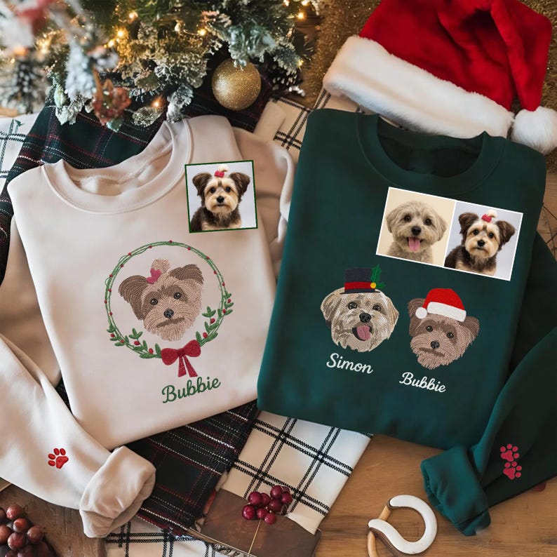 Custom Pet Embroidered Christmas Sweatshirt, Personalized Dog or Cat Portrait Crewneck