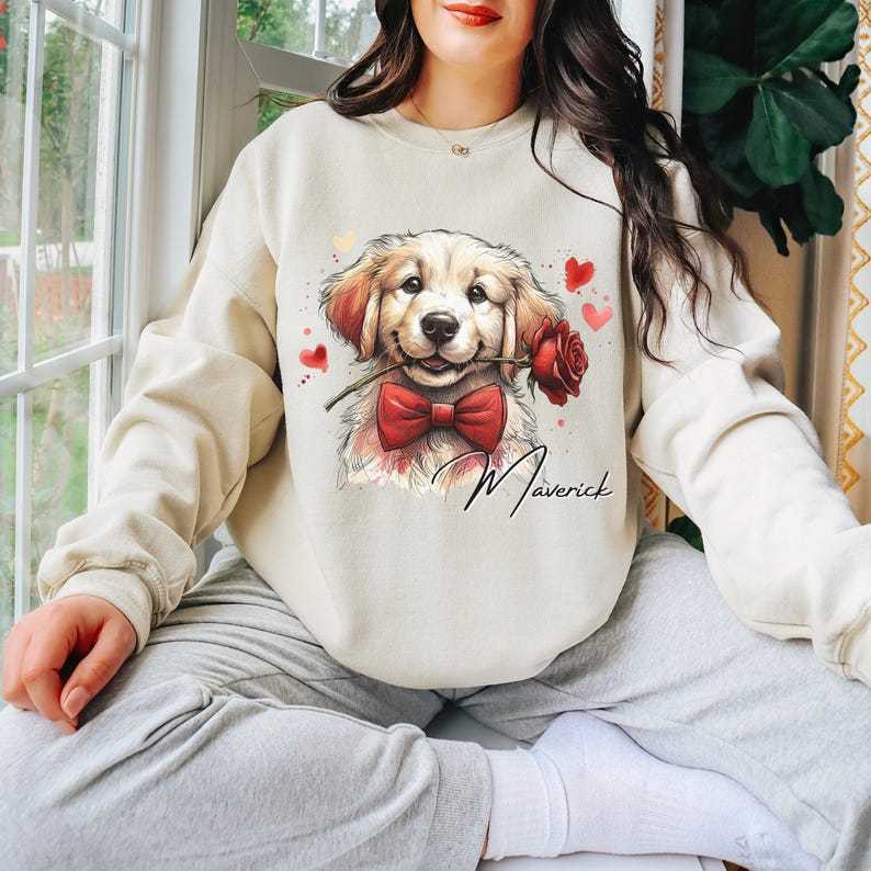 Custom Dog Photo with Rose Sweatshirt - Personalized Pet Valentine's Day Sweatshirt for Dog Mom
