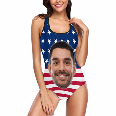 Custom Husband Face American Flag Swimsuit Personalized Tank Top One Piece Bathing Suit Celebrate Holiday Party-ilovevango