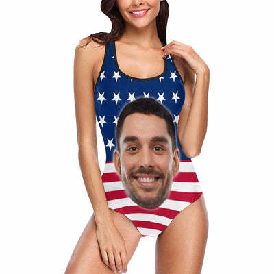 Custom Husband Face American Flag Swimsuit Personalized Tank Top One Piece Bathing Suit Celebrate Holiday Party-ilovevango