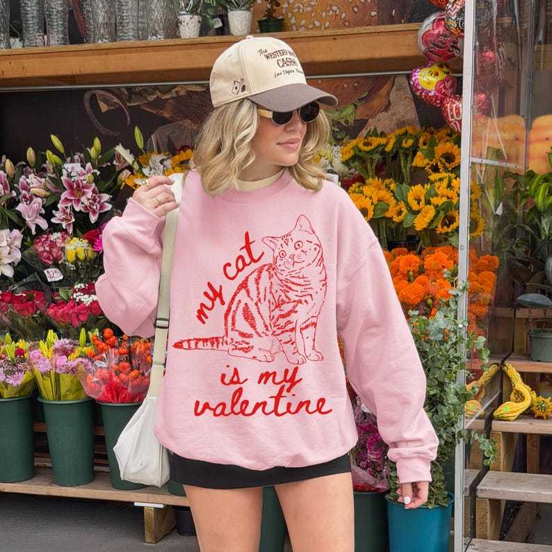 My Cat Is My Valentine Sweatshirt, Custom Cat Photo Line Art Retro Valentines Day Shirt